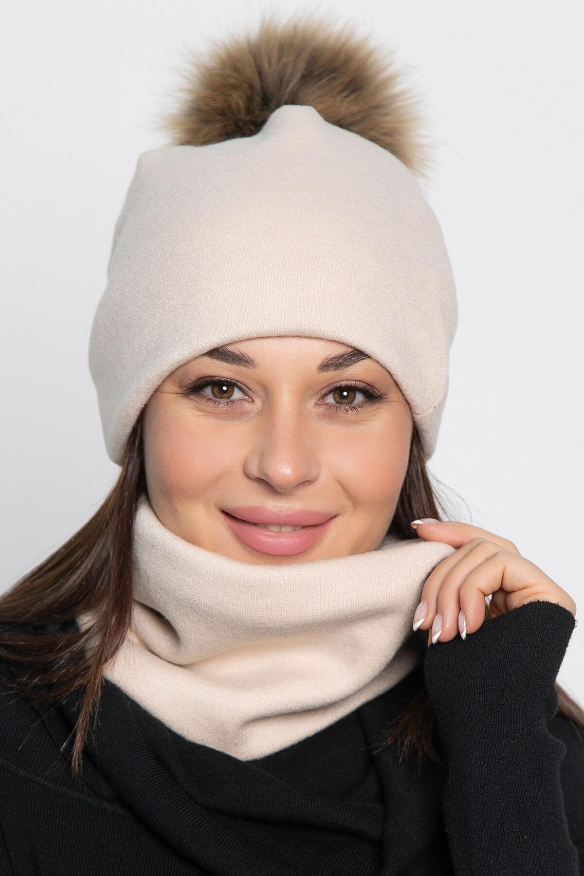 Комплект шапка с помпоном и снуд (молочный) ШПС19-23М